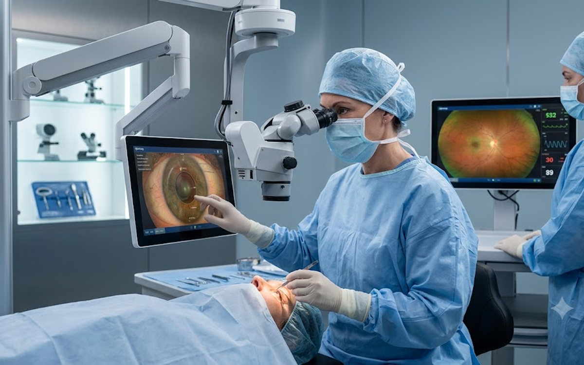 Equipe realizando cirurgia ocular com microscópio