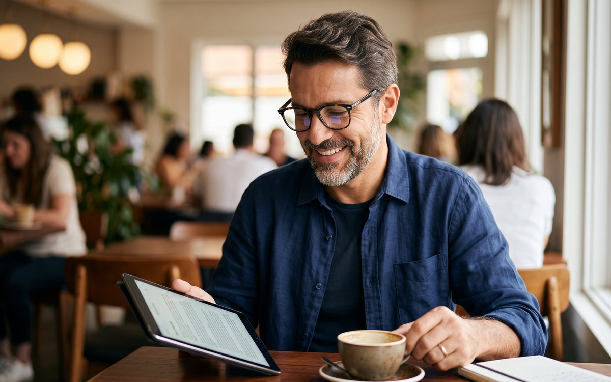 Homem lendo em um tablet enquanto usa óculos