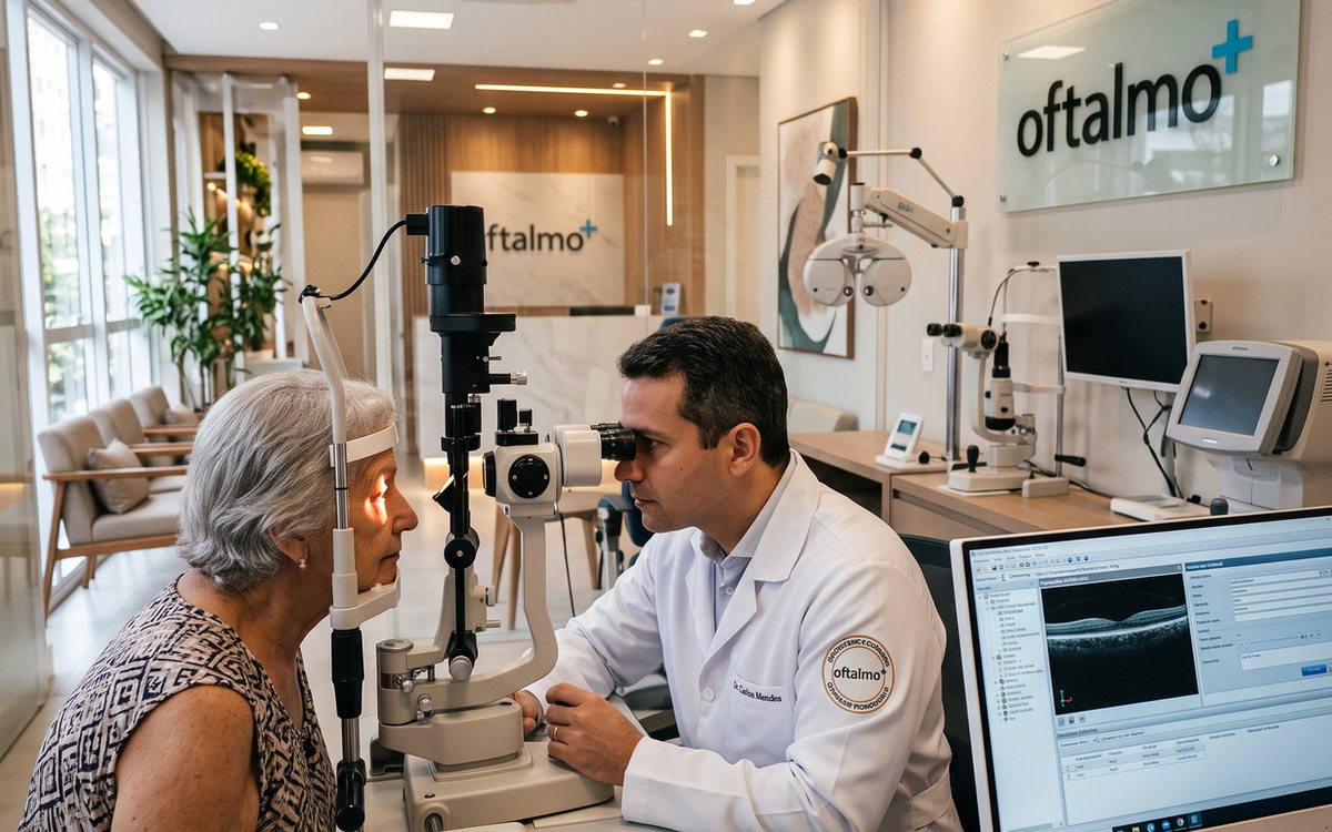 Oftalmologista examinando o olho de um paciente em lâmpada de fenda