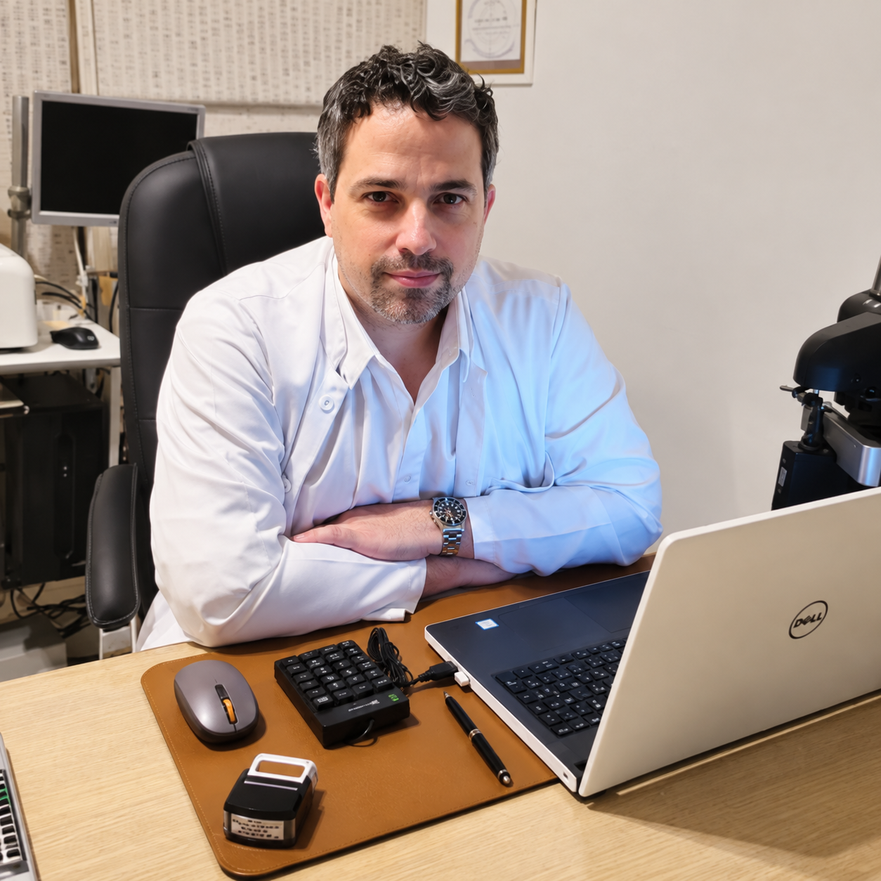 Dr. Gustavo Henrique de jaleco em seu consultório