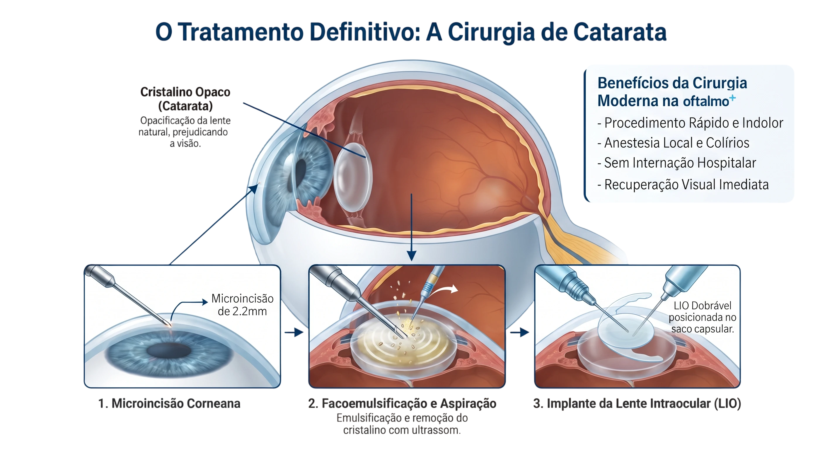Etapas da cirurgia de catarata, da microincisão ao implante da lente intraocular