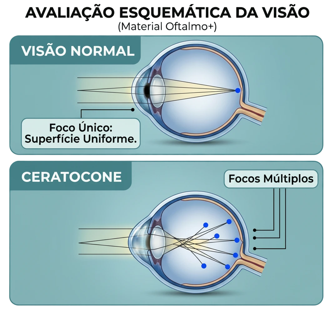 Diagrama comparando uma córnea normal com uma córnea em formato de cone