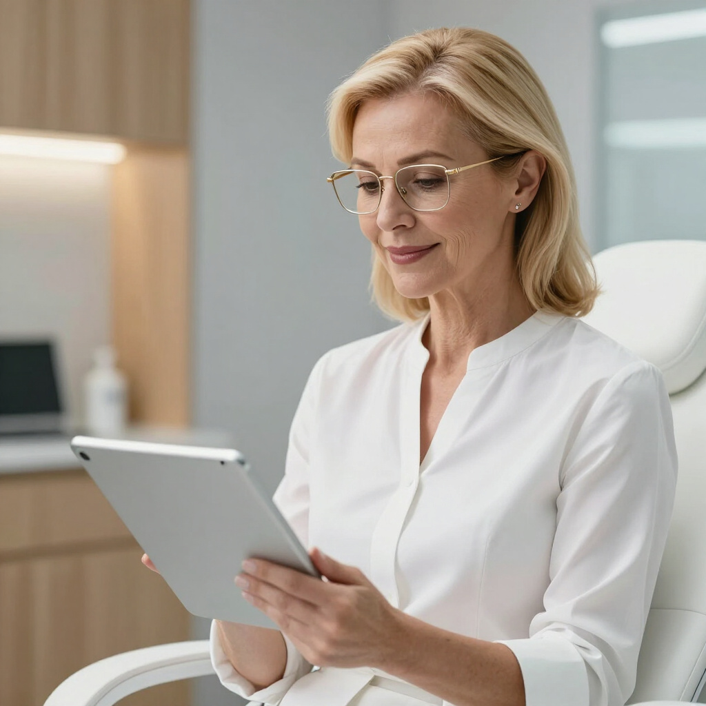 Mulher usando óculos para ler em um tablet