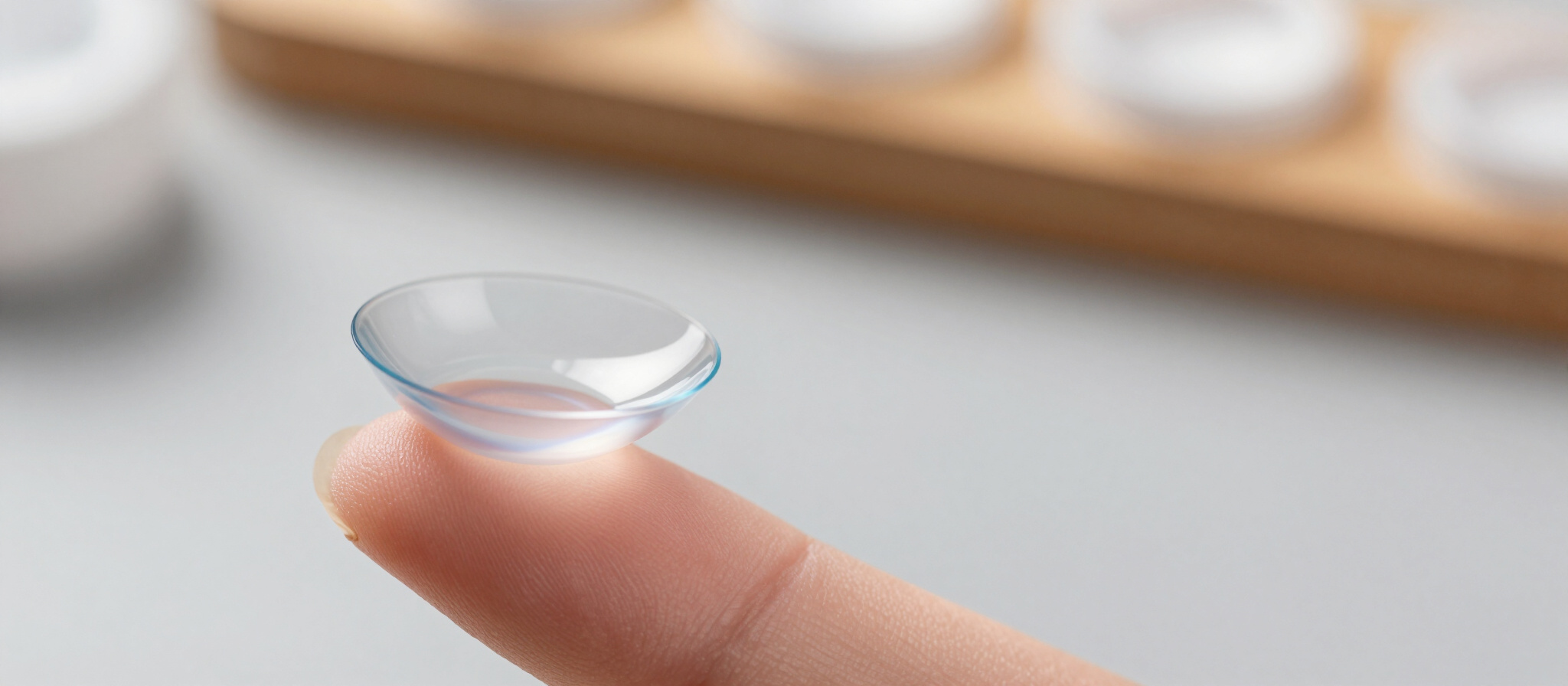 Lente de contato transparente apoiada na ponta de um dedo
