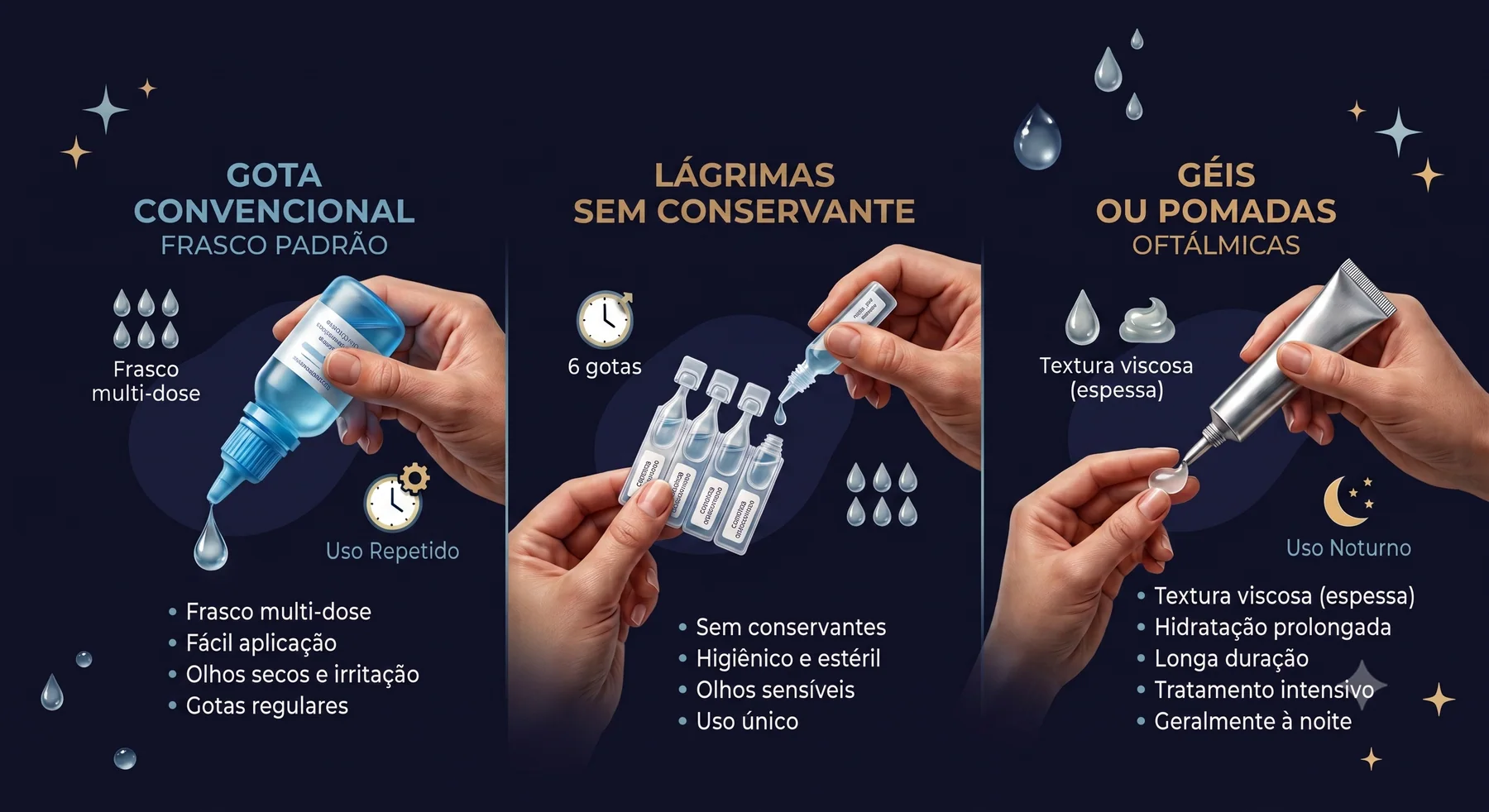 Comparação entre colírios, lágrimas sem conservante e géis oftálmicos