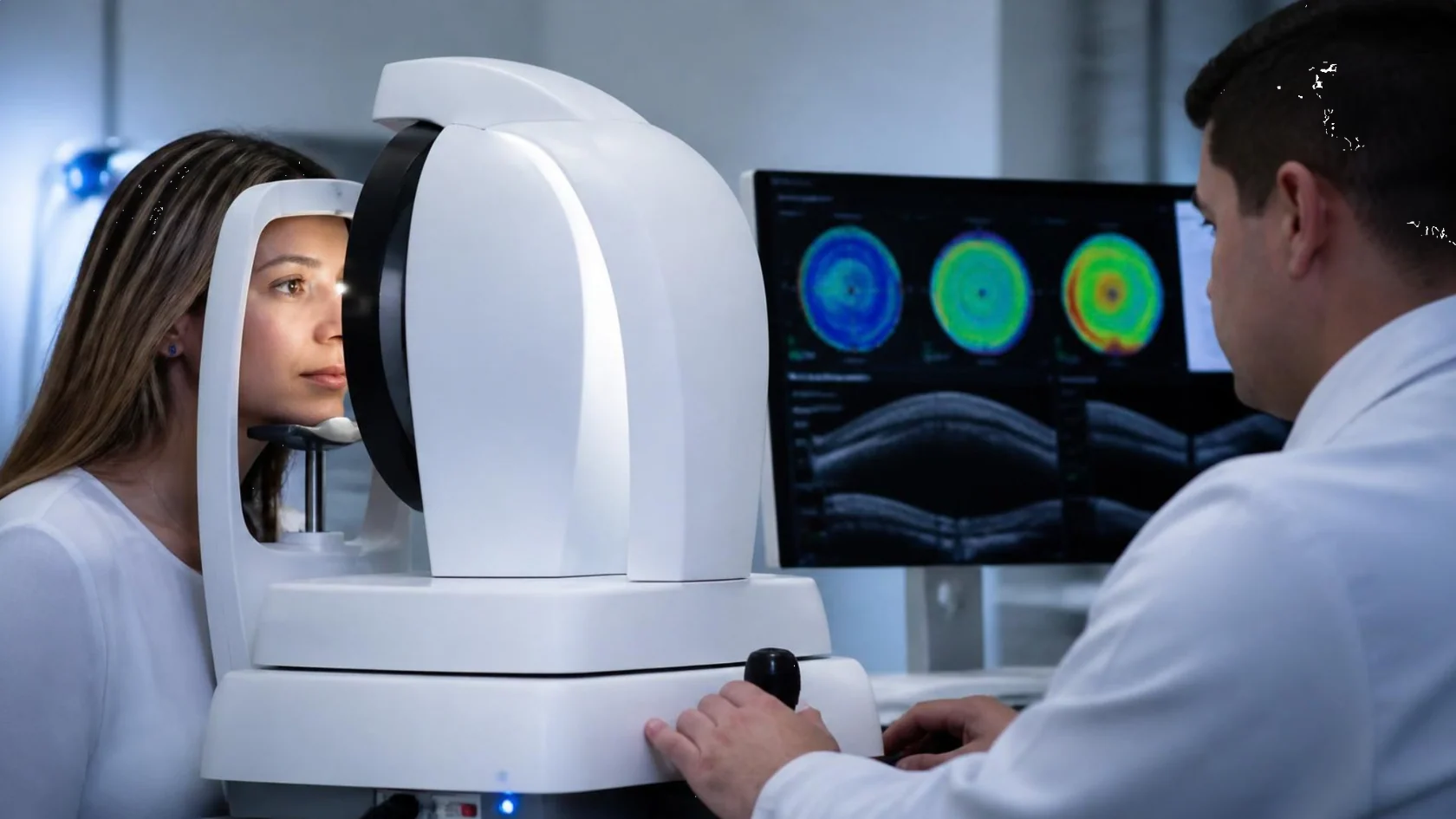 Paciente posicionada em equipamento de tomografia corneana, com mapas de avaliação da córnea ao fundo