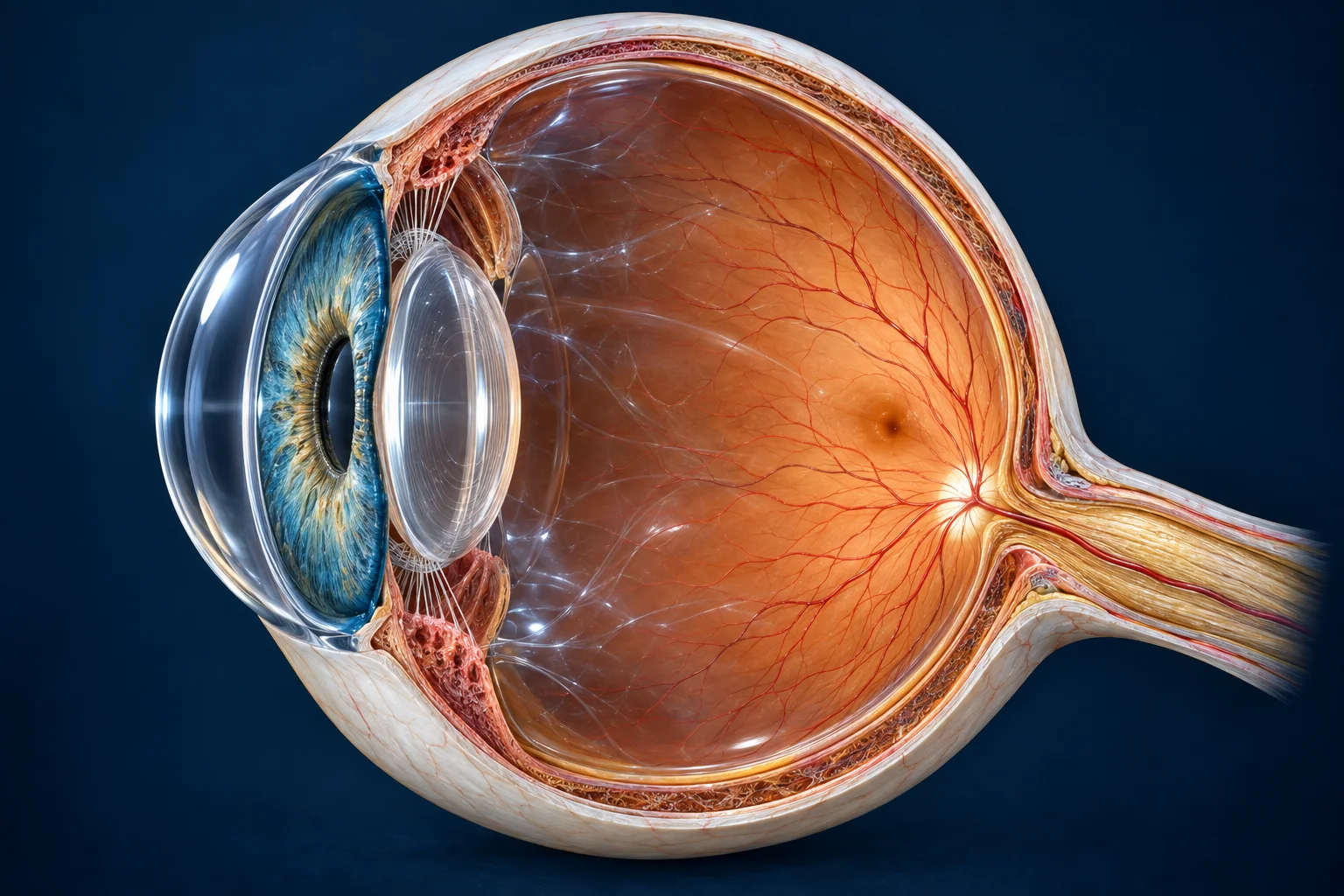 Corte ilustrativo do olho: córnea e íris à esquerda, cristalino transparente, retina ao fundo e nervo óptico à direita.